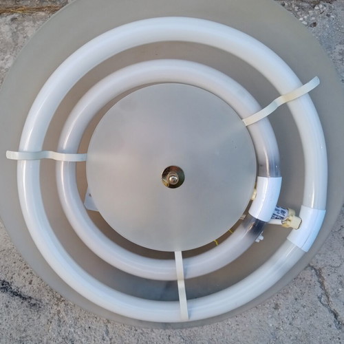 Glass ceiling light with double fluorescent lamp, wooden base, used
