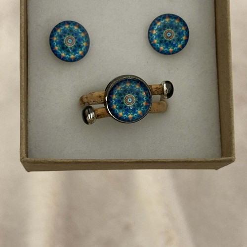 Jewelry set blue and turquoise boho-ethnic with cork base ring new