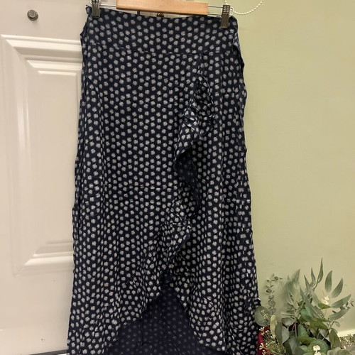 Navy Blue Midi Skirt with Pattern and Ruffles like New, Size S/M