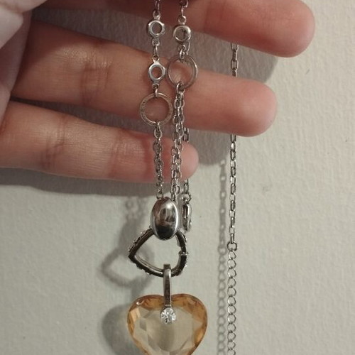 Modern necklace with double chain and heart pendant in amber tone, like new