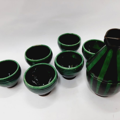 Troyan Ceramic Set like new, jug and 6 cups green and black glaze