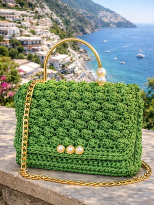 Emerald Grace τσάντα χιαστί καινούργια, πλεκτή με πέρλες και χρυσή αλυσίδα