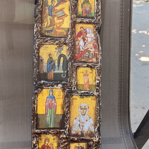 Religious icon composition on wood, 37x14 cm