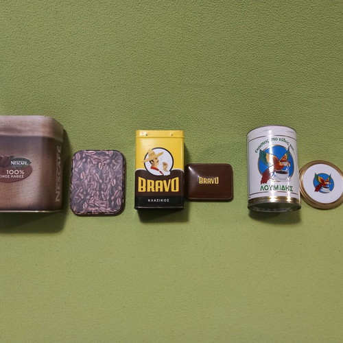 Collectible metal coffee tins Lumidis, Bravo, Nescafe, used set of 3