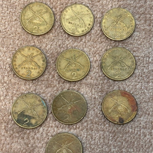 Set of used Greek 2 Drachma coins with Georgios Karaiskakis