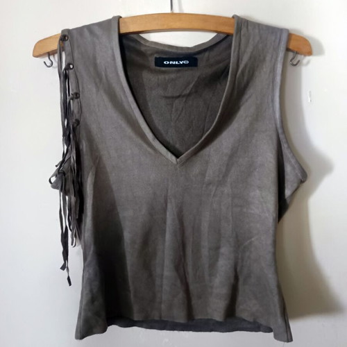 Sleeveless top with fringes vintage y2k, like new, grey-green