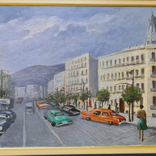 Ελαιογραφία Λεωνίδας Τσεμπερώφ Οδός Σταδίου σε υπεράριστη κατάσταση