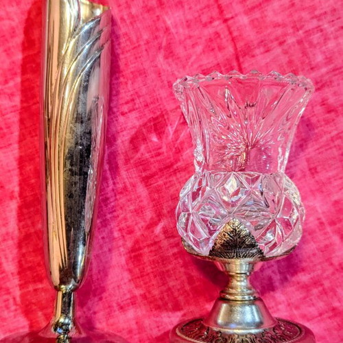 Vintage mini bud vase set, silver plated and crystal