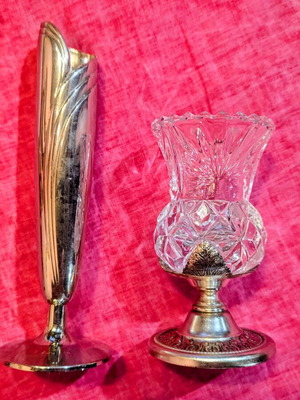 Vintage mini bud vase set, silver plated and crystal