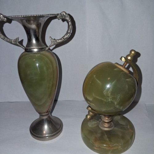 Vintage decorative set green onyx amphora and small globe
