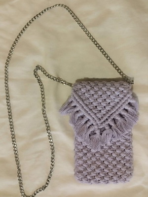 Handmade shoulder purse like new, purple with silver chain