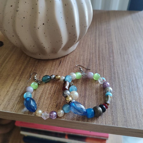 Handmade hoop earrings with beads, new, colorful