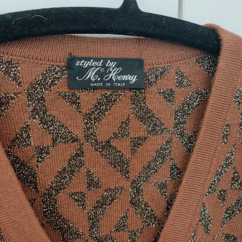Vintage wool cardigan sweater used, brown with gold thread