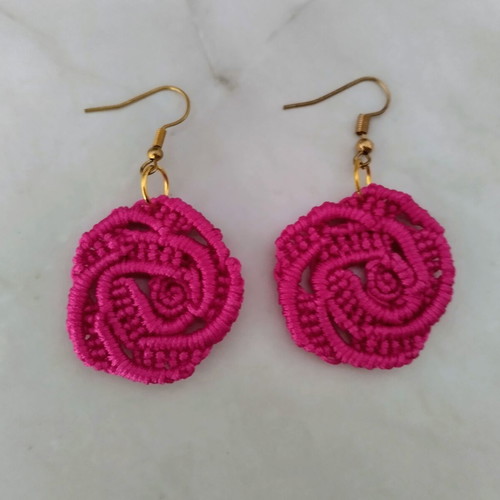 Handmade Boho Rose Micro Macrame Earrings made to order pink gold