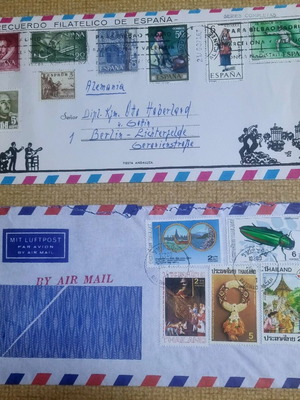 Airmail envelopes like new, pack of 2, with stamps from Spain and Thailand