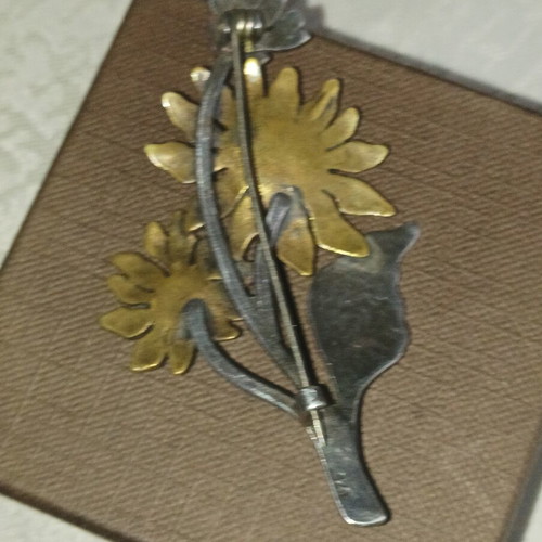 Vintage brooch with silver 925 and bronze sunflowers, handmade, used