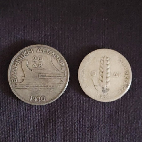 Silver Coins from Greece 1930 used, 20 and 10 Drachmai