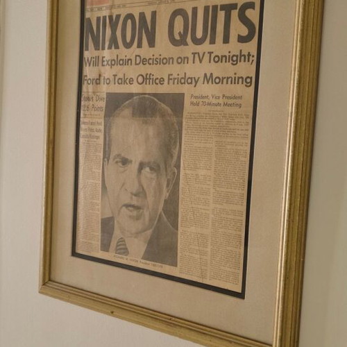 Nixon framed print used with 1975 newspaper and velvet background