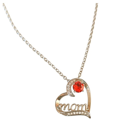 Stainless silver heart necklace with zircons and red crystal mom, new