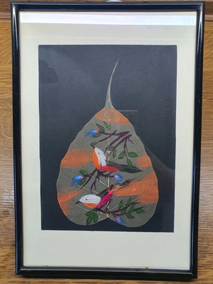 Handmade painted leaf like new, framed
