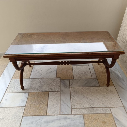 Coffee table used, wooden with protective glass