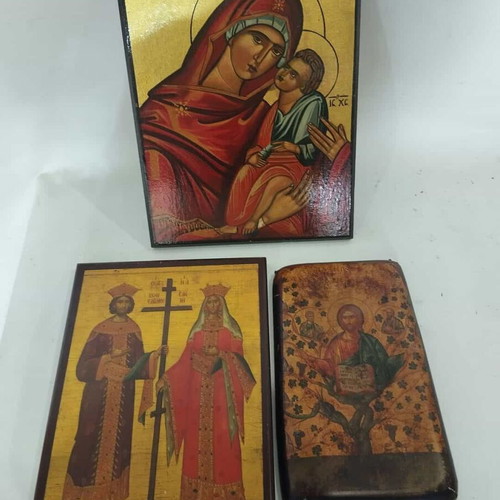 Set of 3 religious icons used, St. Constantine and Helen, Virgin Mary, Vine