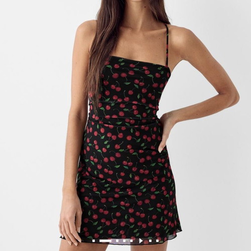 Cherry mini dress like new by Shein black and green with open back
