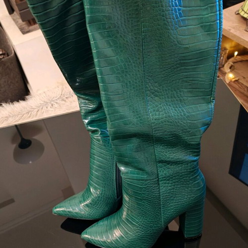 Green croco boots new with low thick heel