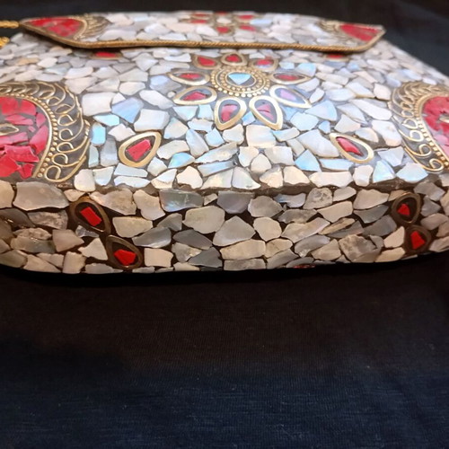Handmade metal mosaic clutch with mother of pearl and gold chain, like new