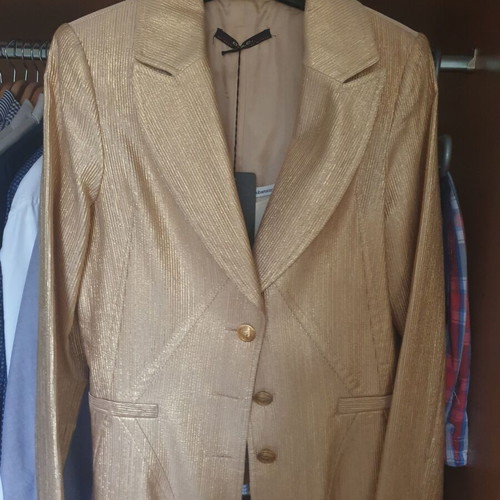 RoccoBarocco top and trousers set with D.P.G. jacket, gold and beige