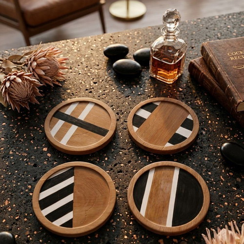 Set of 4 Hand-Painted Wooden Coasters new, inspired by Bauhaus