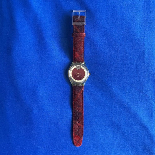 Swatch automatic wristwatch, red fabric and leather strap