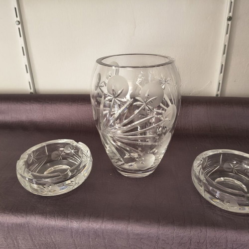 Vintage 3-piece heavy crystal set with vase and 2 ashtrays