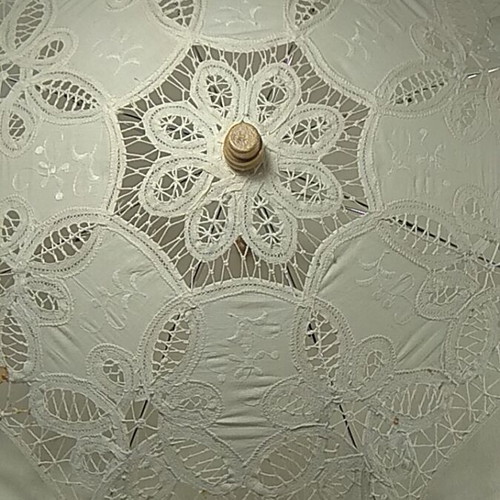 Vintage bridal umbrella used, white Battenberg lace parasol