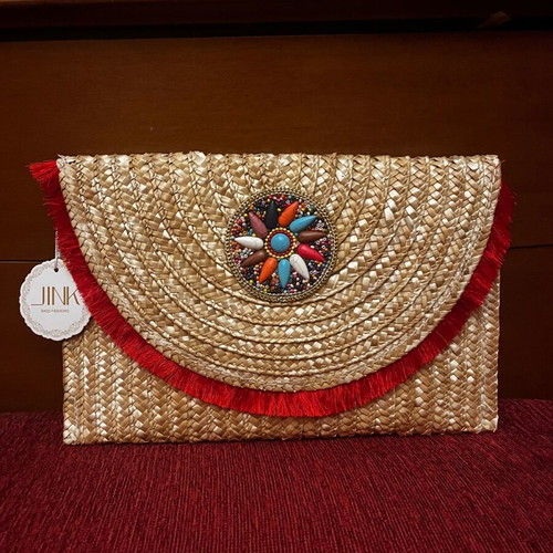 Straw clutch bag unused, beige and red