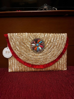 Straw clutch bag unused, beige and red