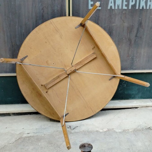 Round table used with green felt and folding beech legs