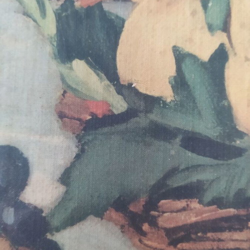 Still life painting with fruit used, framed print on canvas