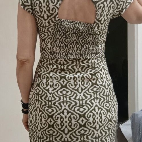 Midi dress like new with unique back design by Kokosh Boutique, beige and olive