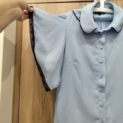 Lussile baby blue blouse with black lace and Peter Pan collar, size S