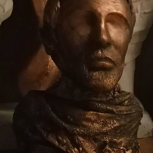 Handmade plaster sculpture with patina, figure with horns 25 cm