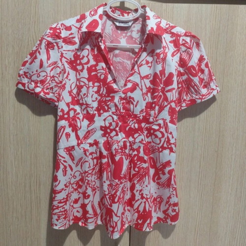 Sarah Lawrence women's short sleeve blouse used, white and red, size S