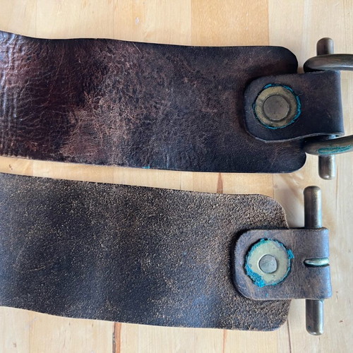 Brown leather belt with brass buckle used, size 90