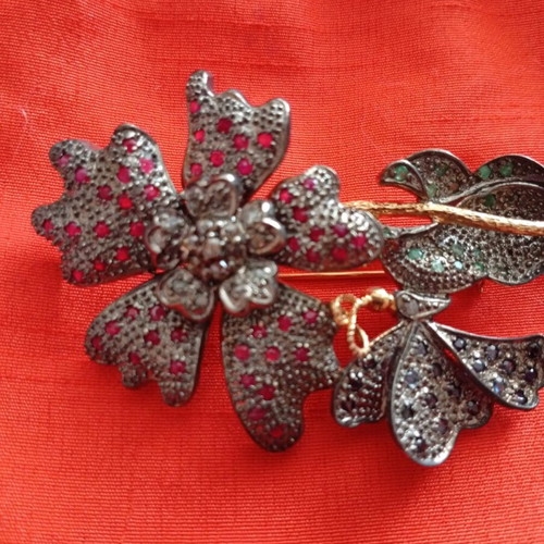Antique camellia brooch with butterfly, 9k gold and 925 silver