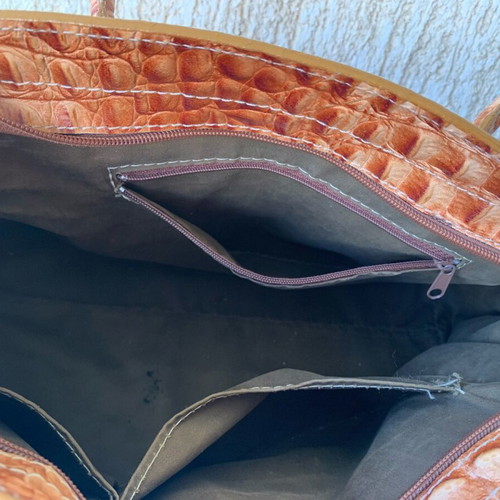 Leather shoulder bag, crocodile pattern, brown, spacious