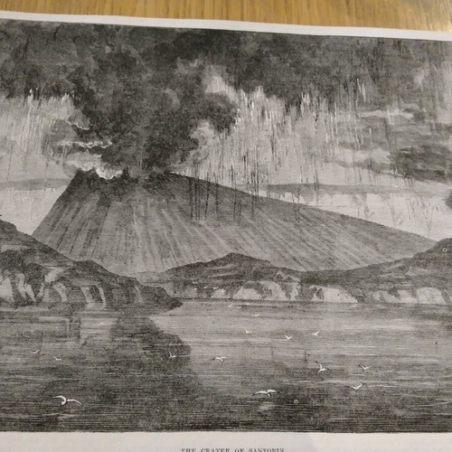 Volcano eruption in Santorini 1870 woodcut used 26x16cm