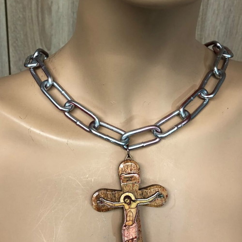 Industrial Blood-Splatter Paperclip Chain with Wooden Icon Crucifix Pendant new