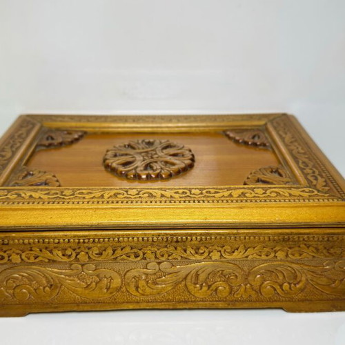 Wooden carved storage box used, handmade with fabric lining