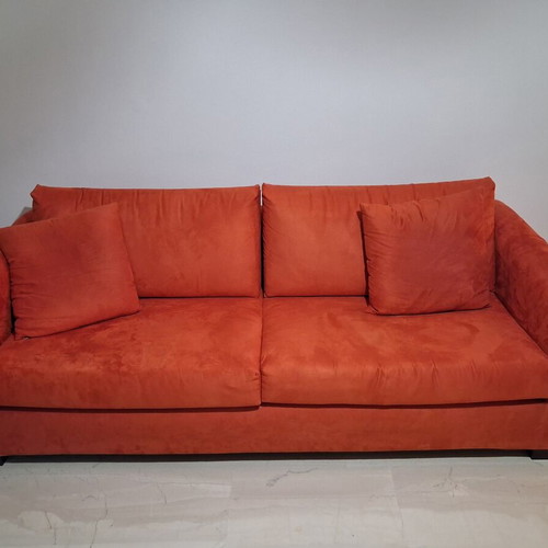 Three-seater sofa, orange velvet fabric