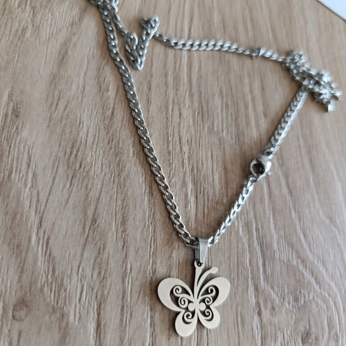 Stainless steel necklace with butterfly pendant, like new, 44 cm